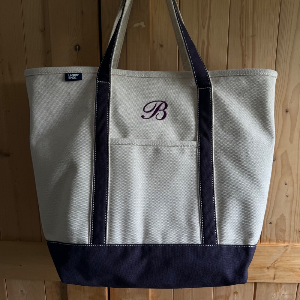 Lands End Canvas Tote Bag Navy Blue Cream Monogram B X-Large Open Top Shopper